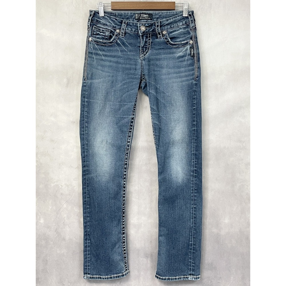 Y2K Silver Jeans Co Aiko Slim Boot Jeans Womens 26 Stretch Western Indie McBling